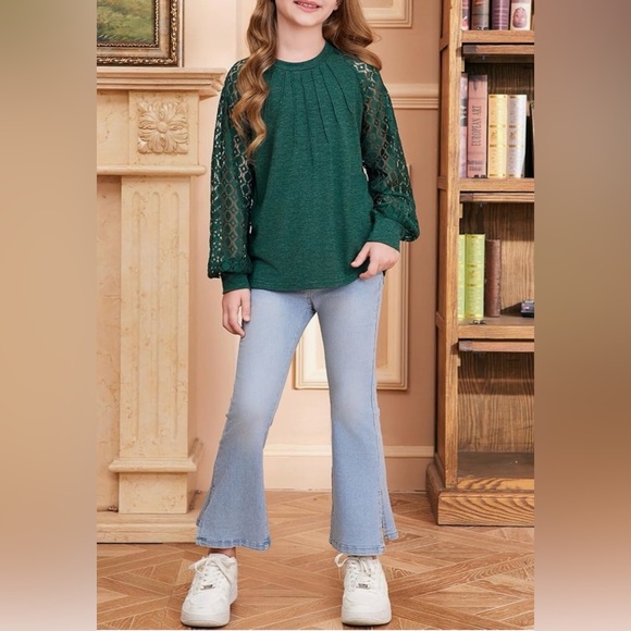 Blibean Green Lace Sleeve Top | Girls Size 8-9 | Long Sleeve Boutique Blouse - Picture 5 of 9